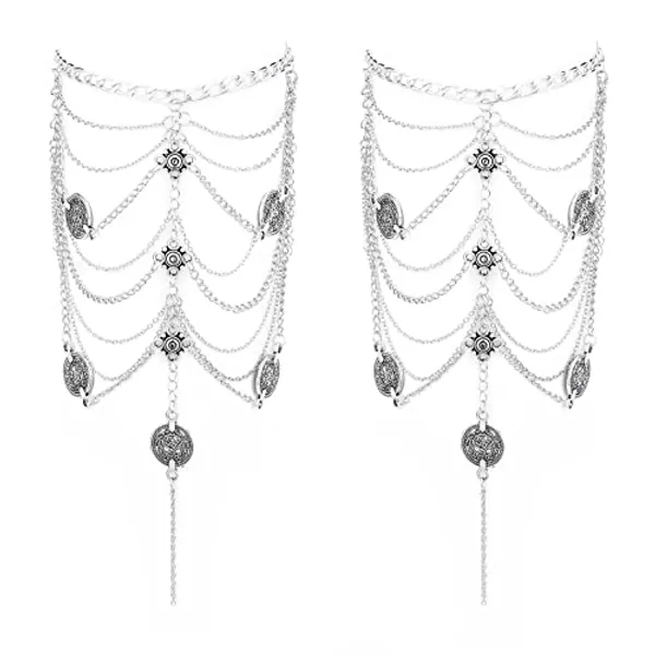 Olbye Silver Barefoot Sandals Foot Chain Jewelry Coin Anklet Bracelet for Women and Girls Beach Wedding Foot Jewelry Pack of 2