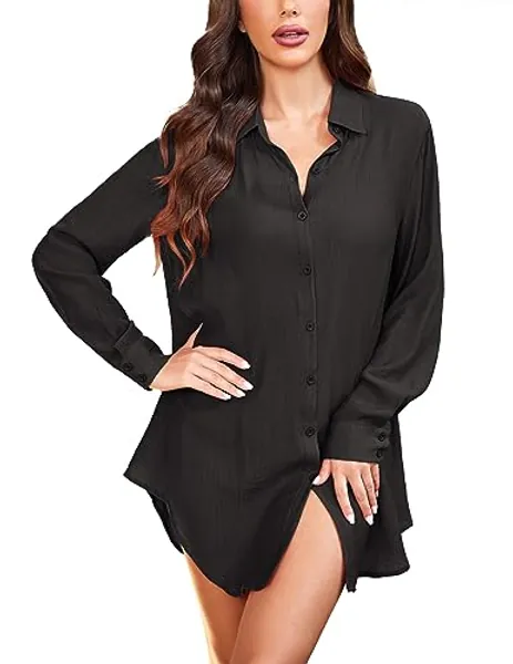 Ekouaer Sleep Shirts for Women Button Down Sleep Dress Nightgowns Sheer Long Sleeve Boyfriend Nightshirt