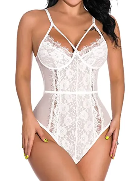 Aranmei Lingerie for Women Sexy Eyelash Lace bodysuit Snap Crotch Teddy Lingerie
