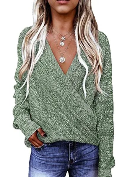 Dokotoo Womens 2023 Elegant Deep V Neck Wrap Long Sleeve Chunky Cable Knit Jumper Pullover Sweaters