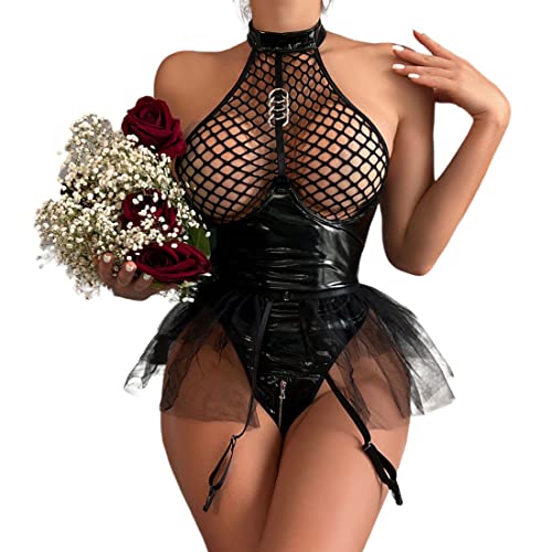 VUUEAN Women's Sexy Lace Up Teddy Lingerie Bodysuit Leather Lingerie Bobydoll Bodysuit - Large - Black