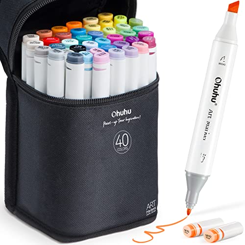 Ohuhu Alcohol Markers - Double Tipped Art Marker Set for Artists Adults Coloring Illustration - Alcohol-based Refillable Ink - 40 Colors - Chisel & Fine Dual Tips - Oahu of Ohuhu Markers