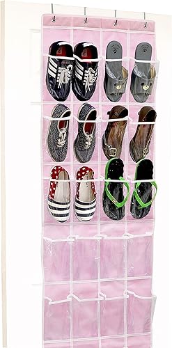 Simple Houseware 24 Pockets - Crystal Clear Over The Door Hanging Shoe Organizer, Pink - Large Pockets - Pink
