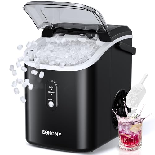 EUHOMY Nugget Ice Maker Countertop with Handle, Ready in 6 Mins, 34lbs Per Day, Removable Top Cover, Auto-Cleaning, Portable Sonic Ice Maker with Basket and Scoop, for Home/Party/RV/Camping (Black) - Black