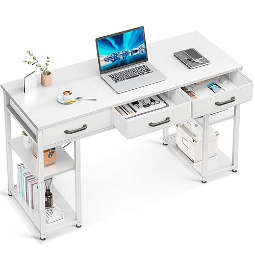 ODK Office Small Computer Desk: Home Table with Fabric Drawers & Storage Shelves, Modern Writing Desk, White, 48"x16" - White - 48 Inch