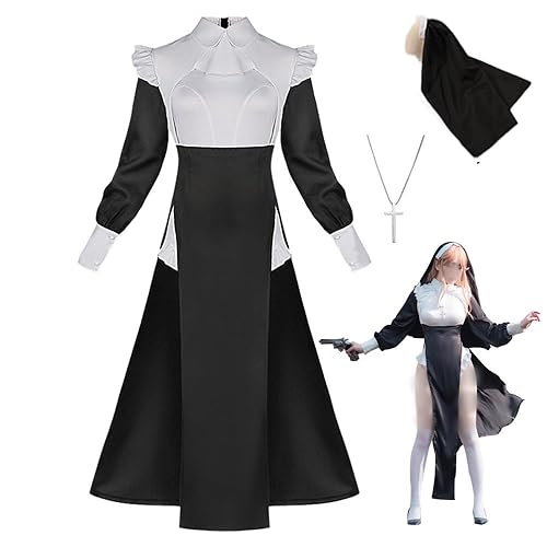 GWOKDAN Women Nun Cosplay Costume Gothic Nun Dress Uniform Bodysuit Halloween Outfits Full Set - X-Large - Black-a
