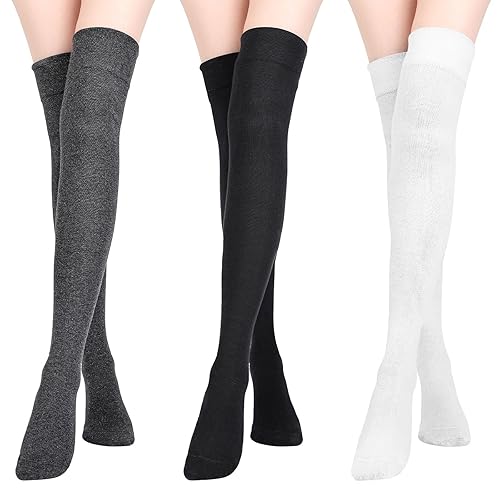 SATINIOR Extra Long Socks Thigh High Cotton Socks Extra Long Boot Stockings for Women - One Size - Black, Dark Grey, White