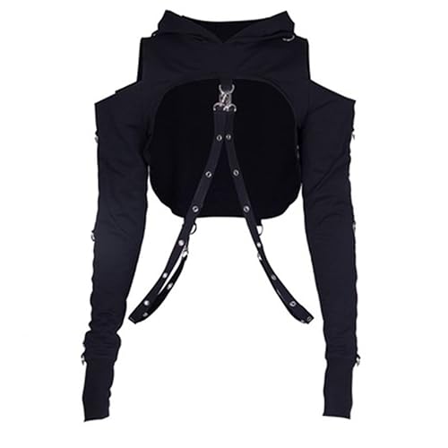 TOMETO STAR Women Gothic Punk Hoodies Bandage Crop Tops Long Sleeve Pullover Sweatshirt for Rave Festivals Streetwear - Small - Black 3