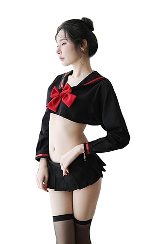 SINMIUANIME Women Lingerie Sexy Schoolgirl Sailor Uniform Lolita Cute Anime Costume Mini Pleated Skirt for Halloween - Black