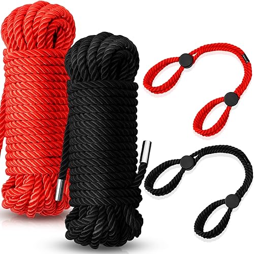 Tisancy 4 Pcs Valentine Soft Silk Rope Twisted Trim Cord Rope Nylon String Rope Set Include 2 Skin Friendly Rope and 2 Adjustable Rope Bracelet 32.81 ft Ankle Cuffs Ropes(Black, Red) - Black, Red