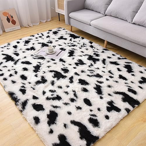 Aimuan Cow Print Area Rug Cute Fluffy Faux Cowhide Rug Super Soft Shaggy Carpets Tie-Dye Rugs for Living Room Bedroom Girls Kids Room Nursery Home Decor Non-Slip Mat (White-Black, 5x7) - White-black - 5x7