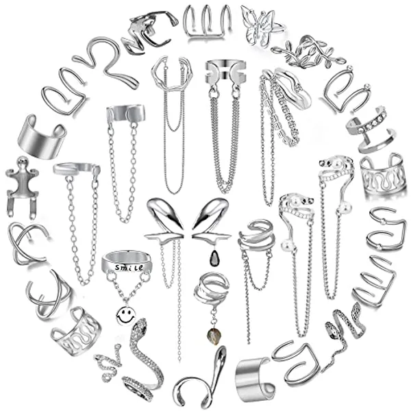 35 PCS Gold Silver Adjustable Ear Cuffs Earrings for Women Non-Piercing Cartilage Clip on Earrings Wrap Ear Jewelry Set,Punk Snake Butterfly Claw Stud Earrings for Women Gift