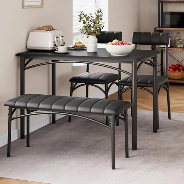 GAOMON Dining Table Set for 4, Kitchen Table with Upholstered Chairs and Bench, 4-Person Dining Room Table Set, Rectangular Kitchen Table Set for Small Space, Apartment, Home, Studio, Rustic Black