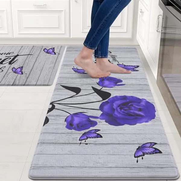 Ikfashoni Farmhouse Kitchen Rugs Sets of 2, Purple Floral Cushioned Anti Fatigue Kitchen mats, Waterproof Comfortable Kitchen Mat for Standing in Front of Sink，Grey Rugs for Floor Decor……