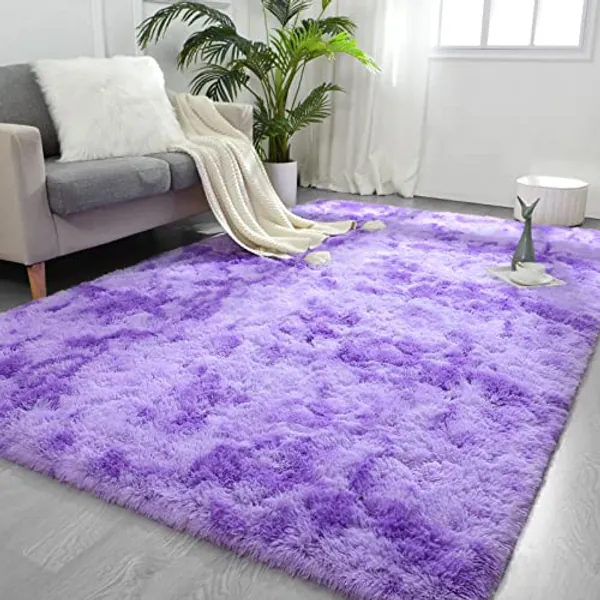 FlyDOIT Purple Tie-Dyed 6x9 Feet Large Rugs for Living Room, Shaggy Rug Fluffy Throw Carpets, Ultra Soft Plush Modern Indoor Fuzzy Rugs for Bedroom Girls Kids Nursery Room Dorm Home Decor