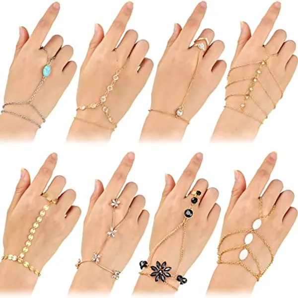 8 Pieces Hand Chain Set Ring Bracelet Chain Tassel Crystal Finger Bracelet Bohemian Hand Jewelry for Women(Elegant)