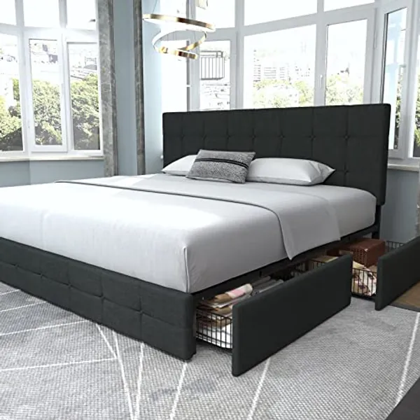 Allewie Upholstered King Size Platform Bed Frame with 4 Storage Drawers and Headboard, Square Stitched Button Tufted, Mattress Foundation with Wooden Slats Support, No Box Spring Needed, Dark Grey