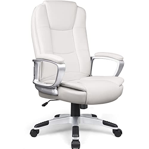 LEMBERI Office Desk Chair, Big and Tall Managerial Executive Chair, High Back Computer Chair, Ergonomic Adjustable Height PU Leather Chairs with Cushions Armrest for Long Time Sitting (White) - White