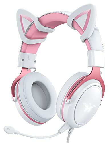 PHNIXGAM Cat Ear Gaming Cute Headset, Wired Over-Ear Headphones with Noise Cancelling Microphone, Surround Sound, LED Backlight for PS4, PS5, Xbox One(No Adapter), PC, Mobile Phone, White & Pink - White & Pink