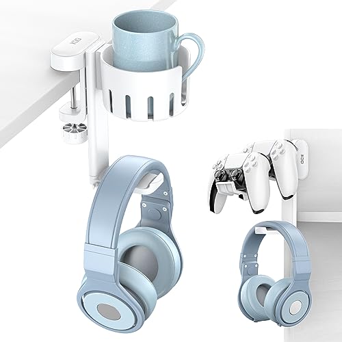KDD Rotatable Headphone Hanger - 3 in 1 Under Desk Clamp Controller Stand Replaceable Cup Holder - Compatible with Universal Headset, Controller, Cup(White) - White