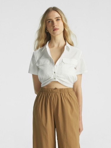 V Neck Cropped Cooling Shirt Top - Off White / XS