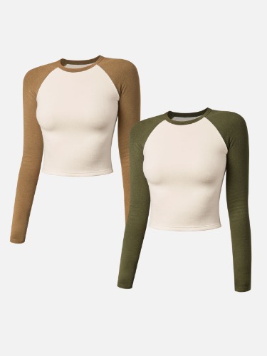 Eco-Mousse® Thermal Raglan Contrast Sleeve Top 2Pcs Set - DeepOlive/Ocher / S