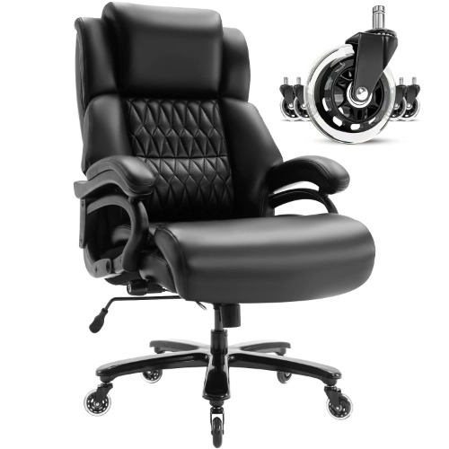 Big and Tall 400lbs Office Chair - Adjustable Lumbar Support Quiet Rubber Wheels Heavy Duty Metal Base, High Back Large Executive Computer Desk, Thick Padded Ergonomic Design for Back Pain (Black) - Black