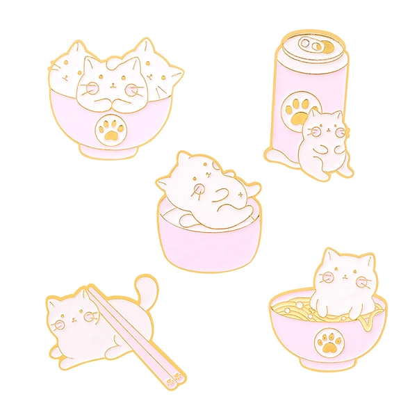 Pink Cat Enamel Pins for Women Girl Cute Animal Enamel Brooch Pins for Jackets Cartoon Chopsticks Cans Big Bowl Noodles Cat Enamel Brooch Badge DIY Accessories Décor