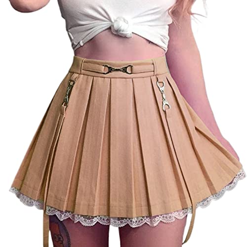 Women Girls Plaid Pleated Skirt High Waist Lace Patchwork Mini A-Line Skirt Harajuku Goth Ruched Ruffle Short Skirt - B3 Lace Patchwork Khaki - Medium