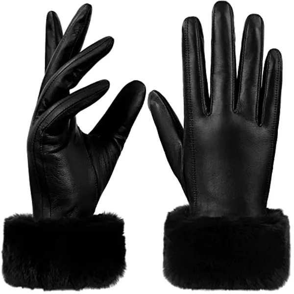 GSG Women Leather Gloves Rabbit Fur Cuff Touchscreen Warm Winter Driving Gloves Lady Multicolor