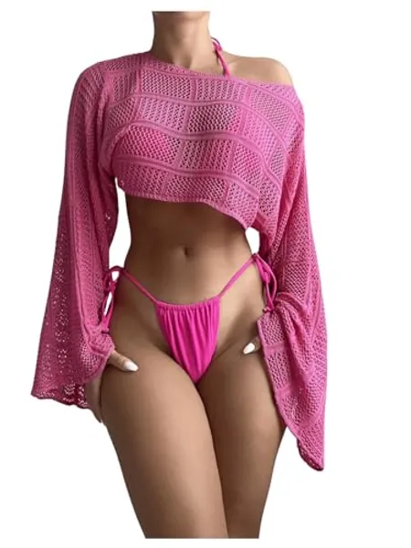 COZYEASE Women's Hollow Out Crop Bikini Cover Up Boat Neck Long Sleeve Crochet Sheer Swimsuit Cover Up