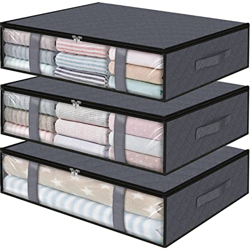 StorageRight Storage Bins,3-Pack Clothes Storage, Foldable Blanket Storage Bags, Under Bed Storage Containers for Organizing, Clothing, Bedroom, Comforter, Closet, Dorm, Quilts, Organizer,Grey - 3 - Gray