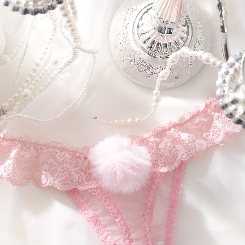 Pompom Decor Lace Trim Fashion Charm Design Low Waist Intimates Panties, Women's Sexy Underpants