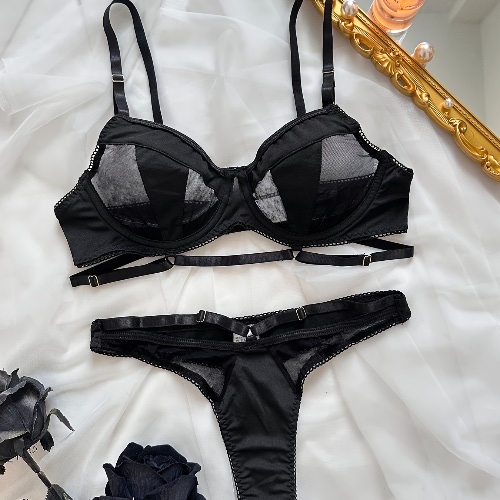 Contrast Mesh Bra and Panties, Cut Out Push Up Bra &amp; Elastic Thong Lingerie Set, Women's Lingerie &amp; Underwear