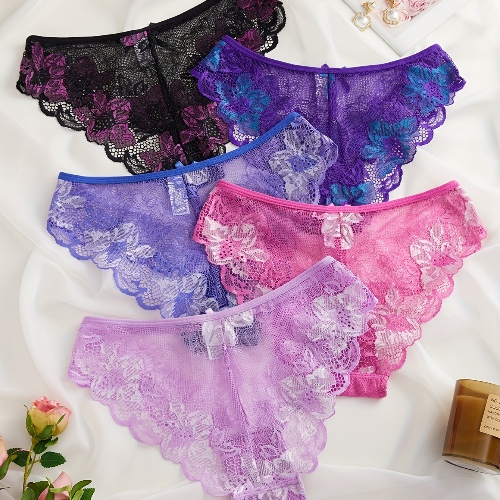 5pcs Solid Lace Bow Semi Sheer Scallop Trim Briefs, Comfy Breathable Stretchy Intimates Panties, Women's Lingerie &amp; Underwear