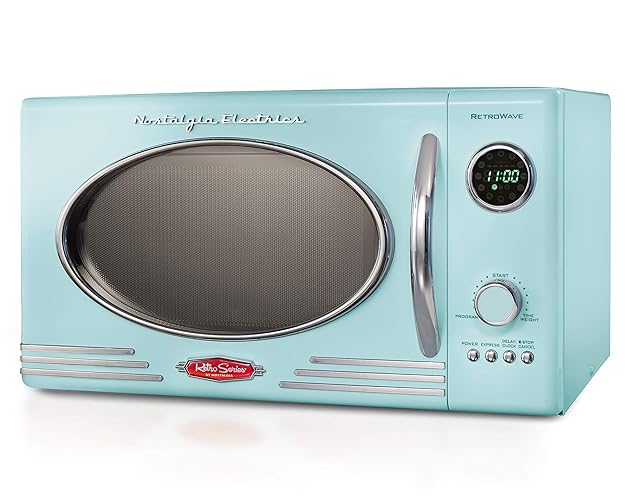 Nostalgia Retro Countertop Microwave Oven - Large 800-Watt - 0.9 cu ft - 12 Pre-Programmed Cooking Settings - Digital Clock - Kitchen Appliances - Aqua - Retro Classic - 0.9 Cu. Ft. - Teal