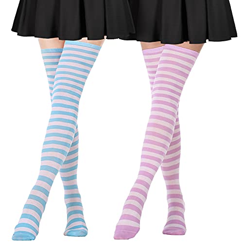 DRESHOW Extra Long Thigh High Socks Long Boot Stockings Striped Over Knee Socks for Women Cotton Leg Warmers - 2 Pairs: pink, blue (white stripe)