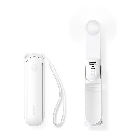 JISULIFE Handheld Mini Fan, 3 IN 1 USB Rechargeable Portable Fan [12-19 Working Hours] with Power Bank, Flashlight, Pocket Design for Travel/Summer/Concerts/Lash, Gifts for Women (White) - White