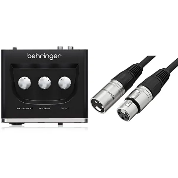 BEHRINGER Audio Interface, 1x XLR/TRS 1x 1/4" 2X RCA USB, Black, 1-Channel (UM2) & Amazon Basics XLR Male to Female Microphone Cable - 6 Feet, Black - 1-Channel Audio Interface + Cable - 6 Feet