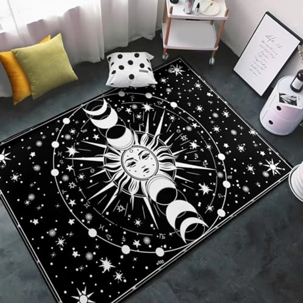 Sun and Moon Rug Celestial Rug Witchy Rug Boho Solar Stars Galaxy Floor Mat Black and White Gothic Rug Large Carpets for Living Room Bedroom Dining Room Indoor Yoga Mat, 5'×7'