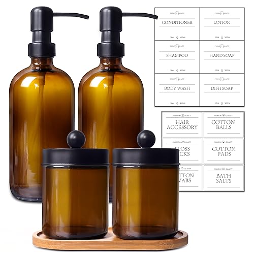 UrSpeedtekLive Bathroom Accessory Set 5 Pcs, 2 Pcs 16oz Amber Glass Soap Dispensers with Stainless Steel Pumps, 2 Pcs Qtip Holder Dispensers with Waterproof Labels & Bamboo Tray