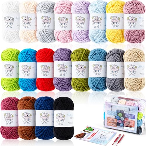 MOJADREAM 20 Skeins * 30g Crochet Set Kit for Beginners, Soft Cotton Yarn Kit for Crocheting Amigurumi and Crafts, Multicolor Yarn, 2 Crochet Hooks, 60% Cotton 40% Acrylic, Worsted weight yarn 4#