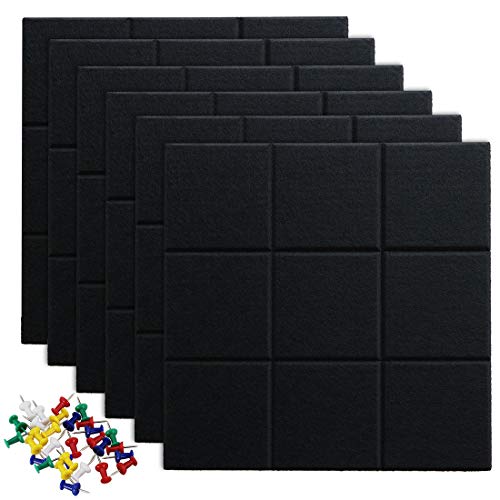 Uoisaiko Large Felt Board Tiles for Wall with 30 Push Pins, 11.8"x11.8" Pack of 6 Pin Board Notice Boards for Home Office Kitchen, Bulletin Board Wall Tiles for Photos Memos - Black