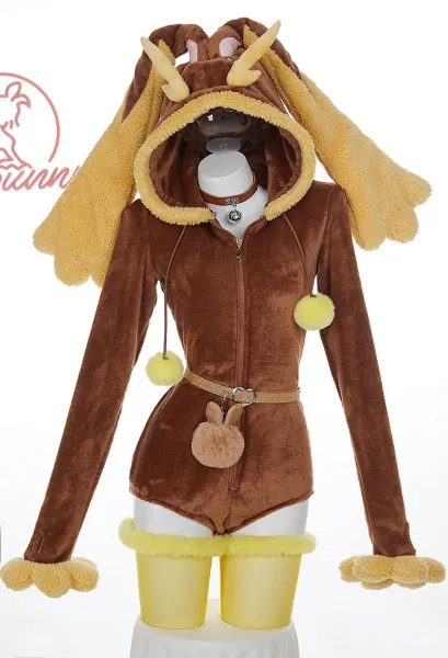 PM Derivative Plush Homewear Fluffy Bodycon Romper Hooded Bodysuit with Thigh Socks and Choker