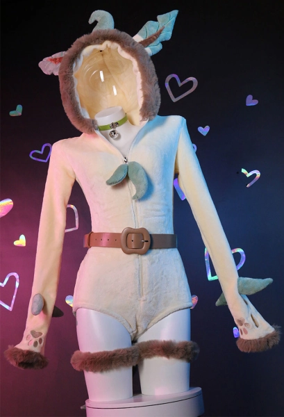 PM Derivative Fluffy Bodycon Romper Sexy Lingerie Yellow Furry Hooded Bodysuit Jumpsuit Homewear with Tail Belt and Socks