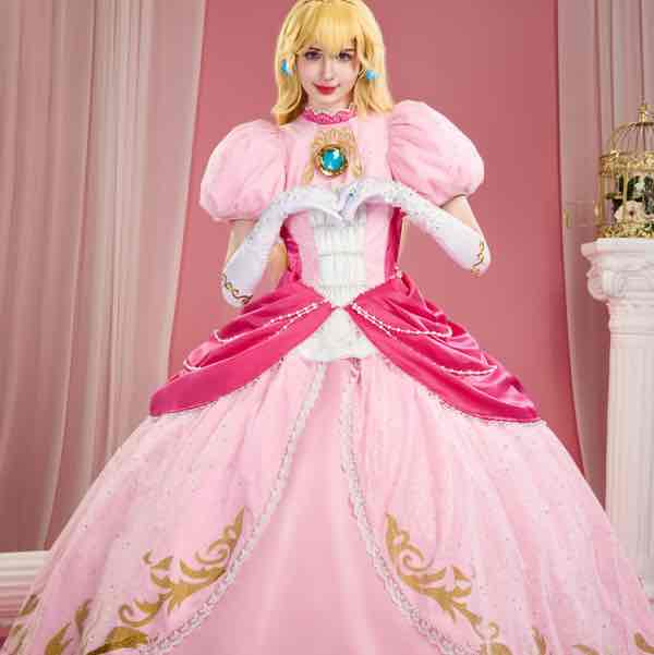 Princess Peach Cosplay Costume Dress with Apron and Waist Chain
