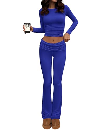 BTFBM Women 2 Piece Lounge Sets Fold Over Yoga Pants Long Sleeve Cropped Top Matching Set Two Piece Tracksuit Pajamas - Solid Brilliant Blue - Large