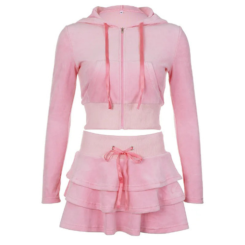Barbiecore Kawaii Velour Pink Zipper Hoodie and Tiered Mini Skirt Two Piece Set - Two Piece Set / L