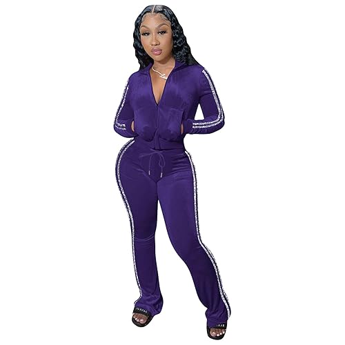 Yeshire Womens 2 Piece Outfits Velvet Sweatsuits Zip-up Hoodie Jacket Casual Jogging Set Tracksuit Set with Pockets - X-Large - Purple With Trim