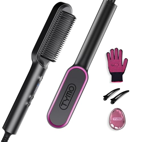 Hair Straightener Brush, TYMO Ring Hair Straightener Comb Straightening Brush for Women with 5 Temps 20s Fast Heating & Dual Voltage, Black - Black